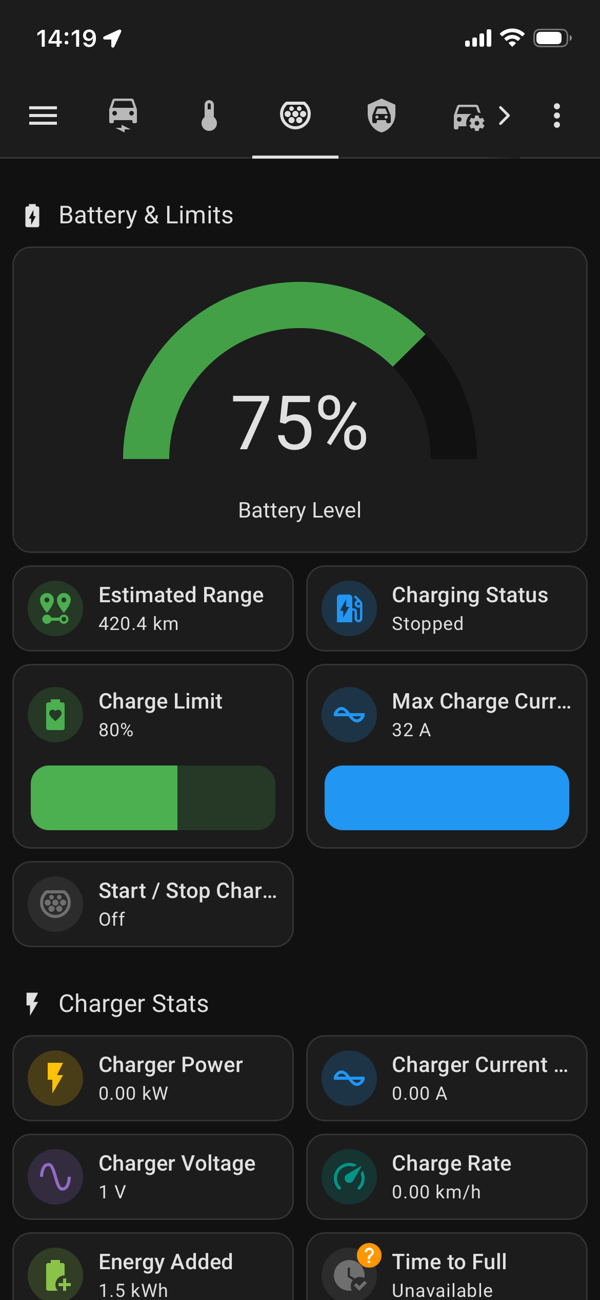 Battery and charging detail showing charge limit and max current settings