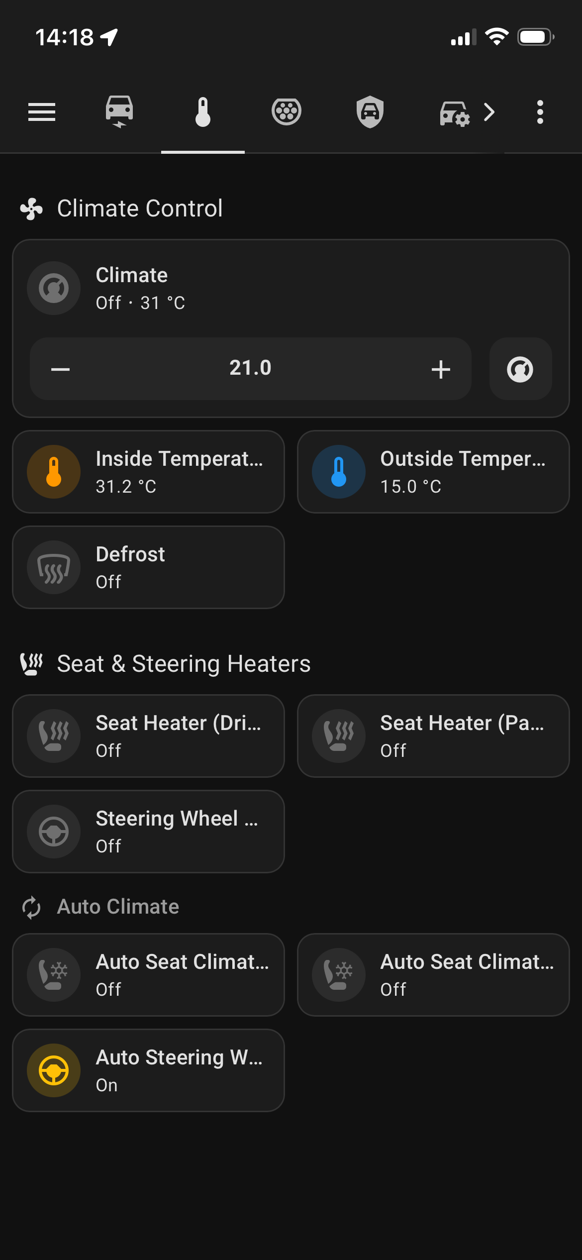 Climate Control view with inside and outside temperature, seat heaters, and auto climate