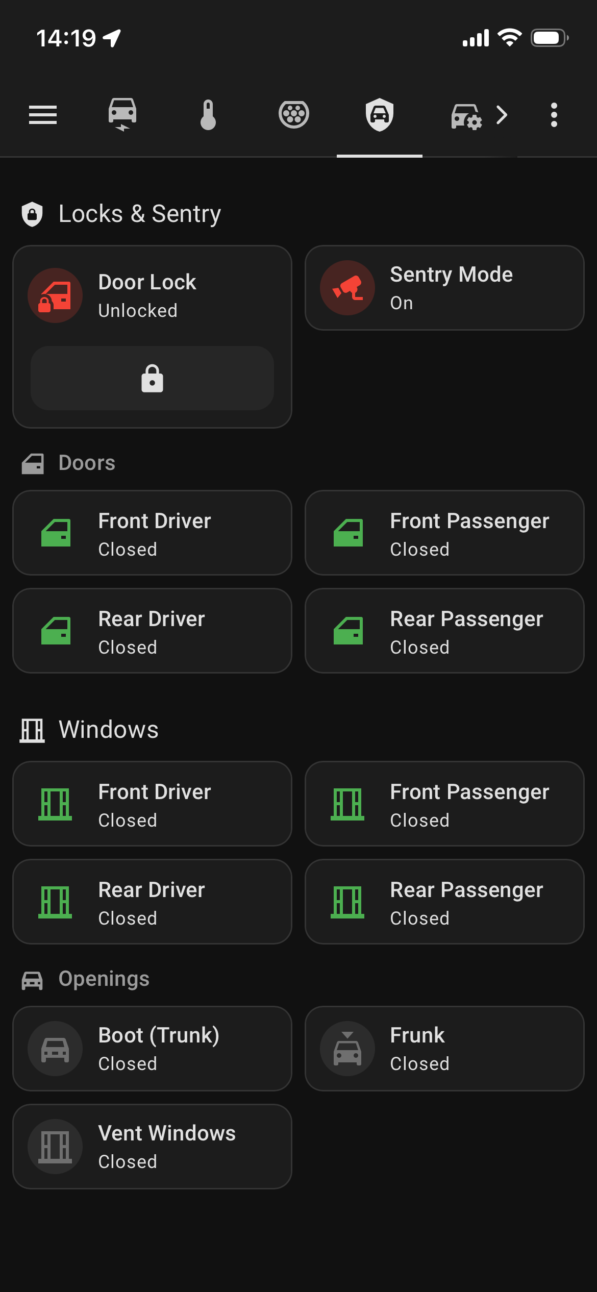 Door locks, sentry mode, doors and windows status, frunk and boot status