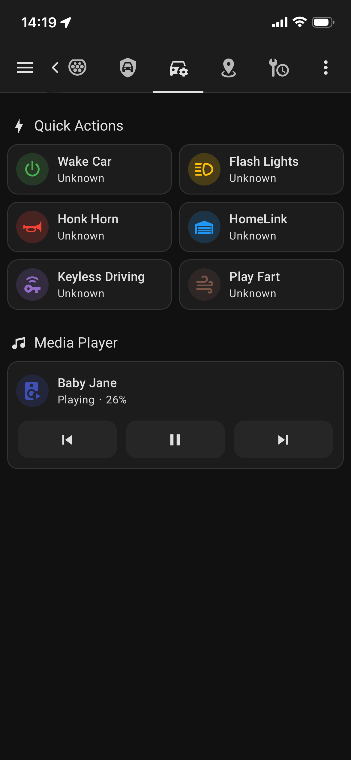 Quick Actions panel with wake car, flash lights, honk horn, HomeLink, and keyless driving buttons